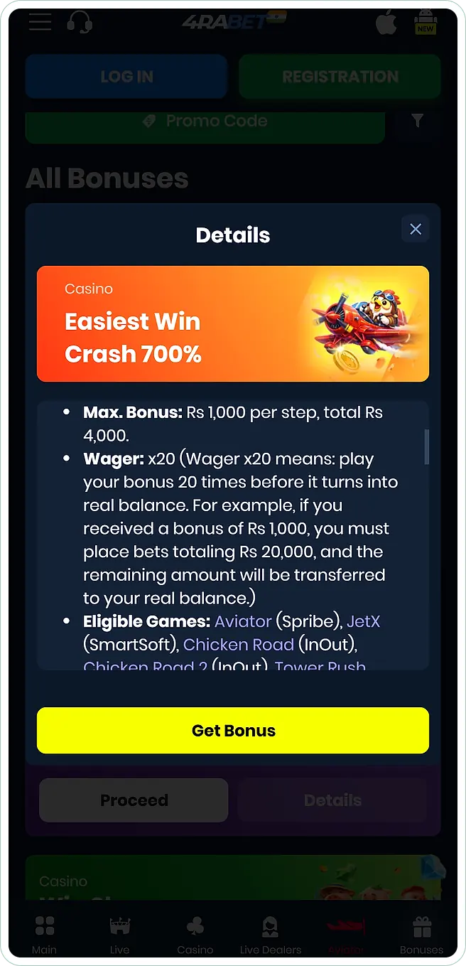 Terms of the 4rabet crash welcome bonus: x20 wagering, ₹300 minimum deposit for the bonus and eligible crash games