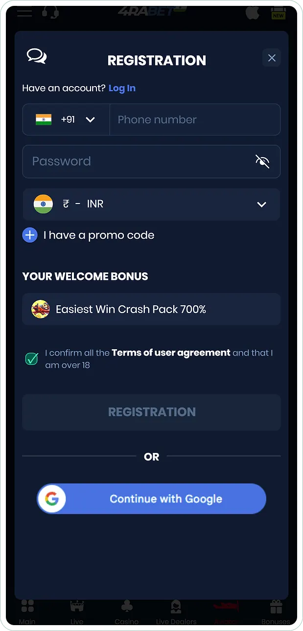 4rabet registration form with +91 phone field, password, INR currency and Google option