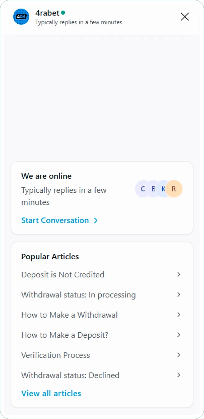 4rabet support chat window marked online with help articles listed