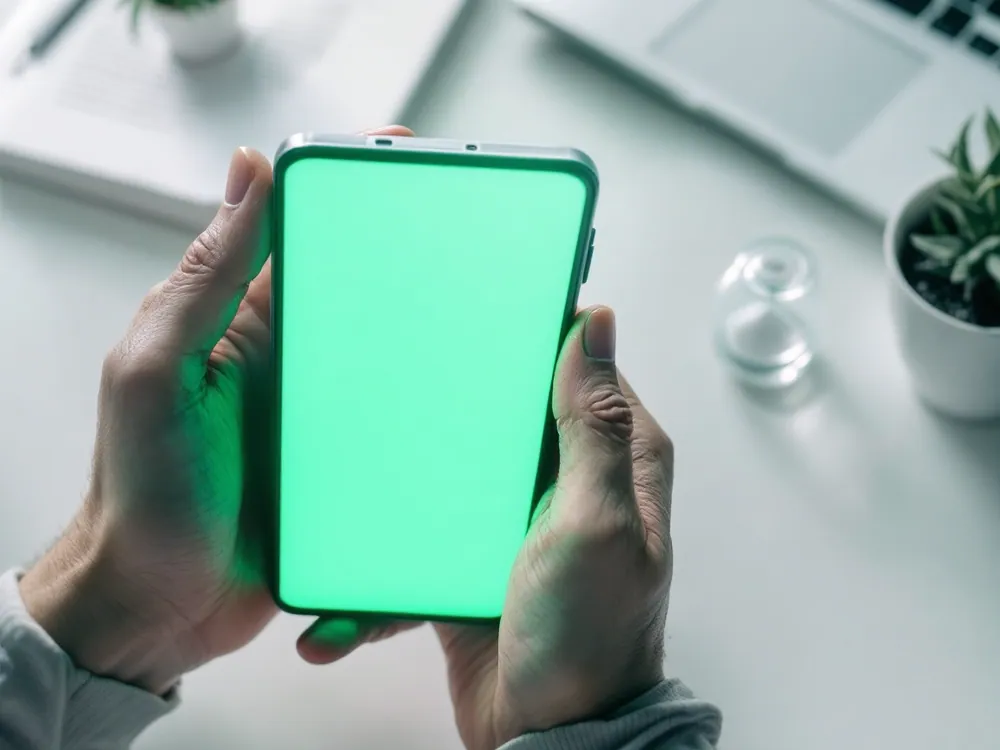 Phone screen with a four-step green progress line next to a small desk clock
