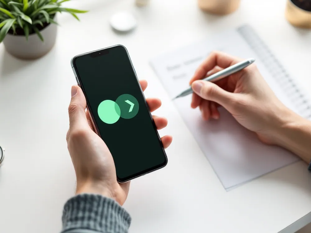Phone with a green transfer arrow between two account icons and a stopwatch on the desk